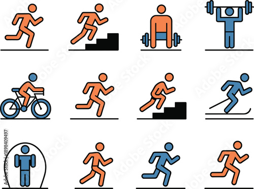 Fitness icons, exercise symbols, workout graphics, physical activity, health pictograms, running figure, weightlifting, cycling, jump rope