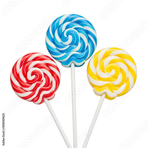 Colorful swirly lollipops in red, blue and yellow hues isolated on transparent background