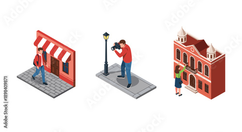 Isometric street scene with people and buildings in urban setting