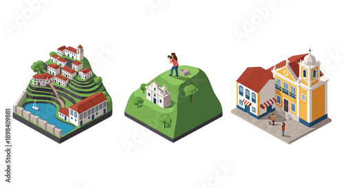 Charming isometric village scenes: picturesque buildings and lush landscapes