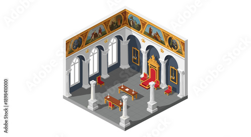 Elegant isometric throne room design with classical columns and art details