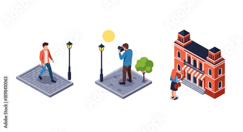 Isometric city scene with people, lamp post, and vintage building in bright style