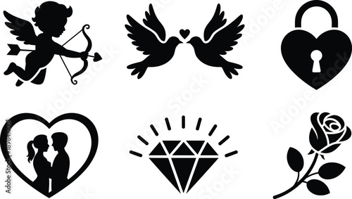 Love icons, romantic silhouettes, Cupid figure, heart padlock, couple in heart, diamond sparkle, rose flower, Valentine theme, romance vector, black icons