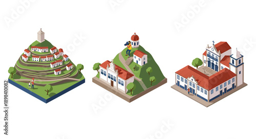 Charming isometric illustrations of portuguese architectural landmarks and landscapes