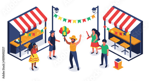 Colorful festive market with people celebrating in isometric urban setting