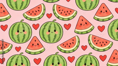 Cute Seamless Watermelon Pattern With Hearts