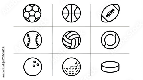 Collection of various sports balls icons on white background