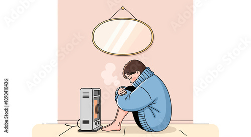 A cute illustration of a young woman, feeling cozy interior, rendered in a flat vector style with vintage colors, keeping warm near a heater