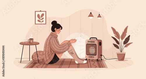 A cute illustration featuring a young woman nestled in a cozy interior, created in a flat vector style with beautiful vintage colors, warming her feet by a heater for ultimate comfort and relaxation