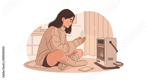 Cute illustration of a young woman enjoying a cozy interior, vintage color flat vector style