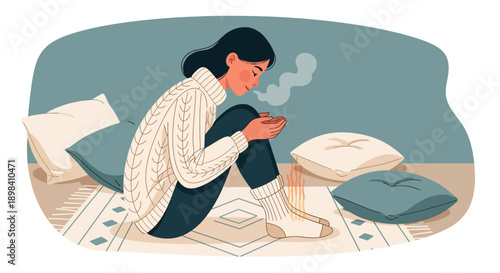 A cute illustration of a young woman enjoying a warm drink in a cozy interior, featuring a flat vector style with vintage colors