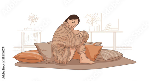 Cute illustration of a young woman in a cozy interior, rendered in a flat vector style with vintage colors