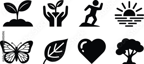 Nature icons, wellness symbols, eco silhouettes, plant growth, hiking figure, sunrise scene, butterfly icon, heart shape, tree graphic, leaf detail