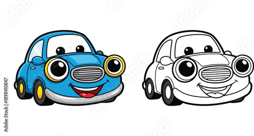 Cute blue cartoon car character vector illustration with black and white outline for coloring book page. Happy automobile mascot isolated on white background.