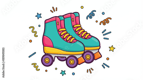 colorful cartoon roller skates with confetti and stars