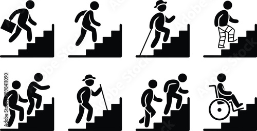 Stair accessibility icons, mobility challenges, inclusive design, physical assistance, injury support, elderly mobility, wheelchair barrier