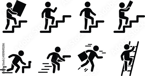 Stair activity icons, movement symbols, running figures, ladder climb, carrying objects, black vector, silhouette set, dynamic poses, stair navigation