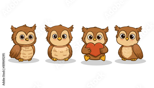 set of Cute cartoon owl on white background. Owlet in flat style. Illustration for card designs, banners, children's books and patterns. Vector illustration