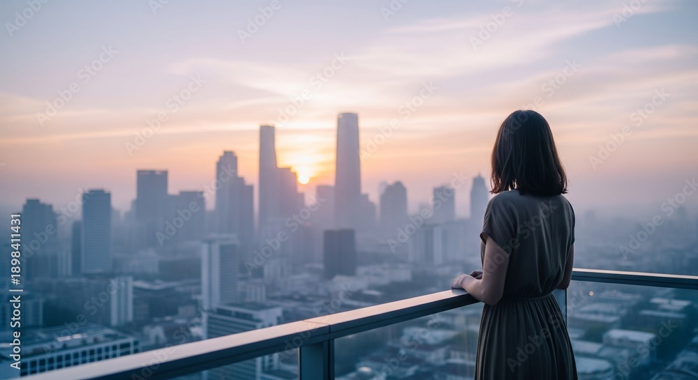 Fototapeta premium A thoughtful woman stands on a high-rise balcony, gazing at the inspiring city skyline bathed in the golden glow of a stunning sunset, contemplating urban beauty and new horizons