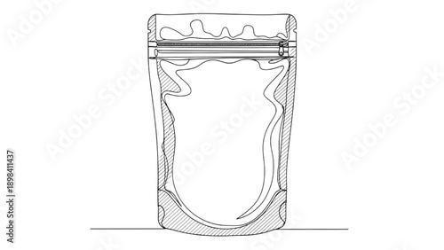 Black Continuous Line Art Stand-Up Pouch Packaging Mockup with Zipper Seal Front View