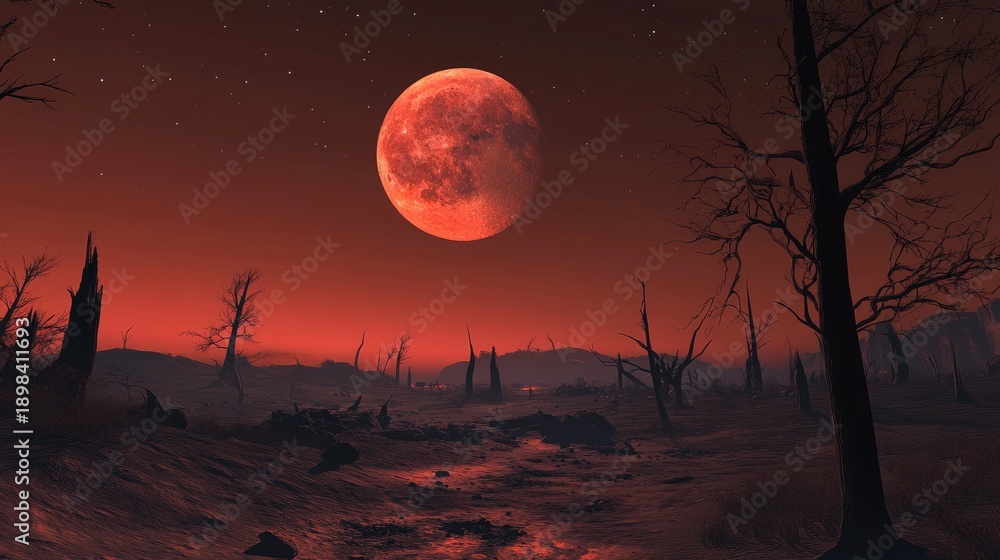 Fototapeta premium Dramatic Landscape Under a Vivid Red Moon with Stark Silhouettes of Barren Trees Against an Eerie Twilight Sky