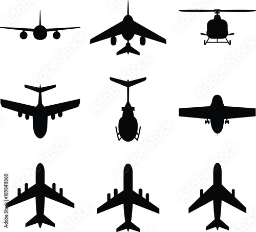 Aircraft and helicopter silhouettes set, top front rear views, aviation transport icons, airplane vector collection isolated on white background