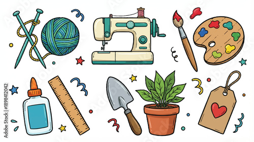 Colorful handdrawn craft and art supplies icons on white background