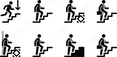 Stair icons, walking silhouettes, obstacle symbols, business figures, briefcase pose, stair navigation, black vector, silhouette set, movement graphics, posture variation