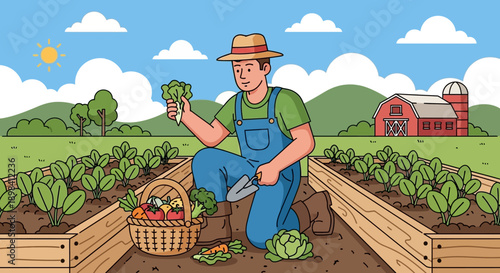 An organic senior farmer and a young boy work together harvesting grapes in a sunny vineyard and vegetable field, celebrating sustainable agriculture and nature
