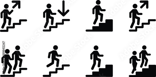Stair movement icons, directional arrows, ascending figures, descending figures, black vector, silhouette set, stair navigation, mobility graphics, minimal design, accessibility symbols, ergonomic ico