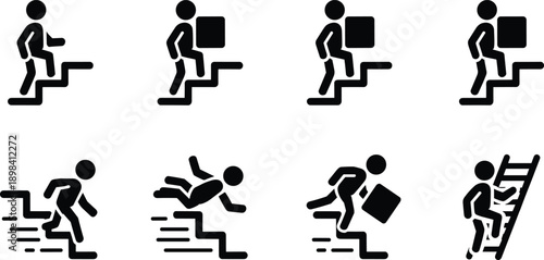 Stair safety icons, hazard symbols, falling graphics, ladder climb, box carrying, running stairs, injury risk, black vector, silhouette set, movement pictograms, workplace safety, stair navigation, er