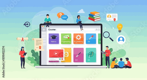 A flat vector infographic design of a social media network concept connecting people through business technology icons on a laptop tablet and mobile cloud internet connection