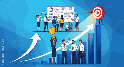 A successful global business team of businessmen and businesswomen silhouettes works together using technology and world map arrows to achieve internet communication success through teamwork