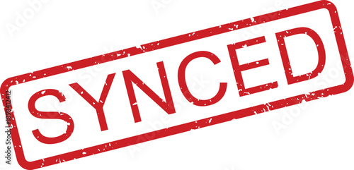 Red grunge textured rubber stamp prominently featuring the word SYNCED against a crisp white background