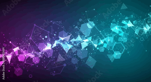 Fényképezés Abstract blue background with digital particles and a glowing global network map