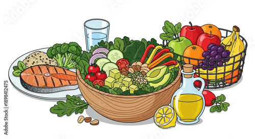 Healthy organic raw vegetables including red tomatoes, green peppers, and fresh cucumbers with ripe fruit in a rustic basket isolated on a white background for a natural vegetarian diet
