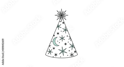 Decorative party hat illustration features a pattern of crescent moons and stars in black and white for a magical celebration theme.