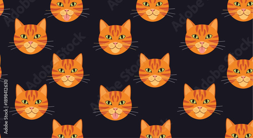 Vibrant pattern shows numerous orange tabby cat faces with some sticking out their tongues against a dark navy blue background surface.