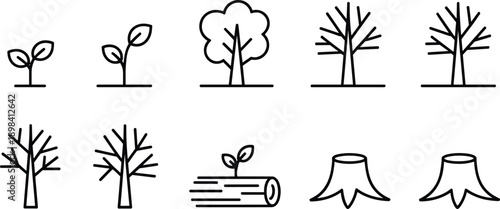Tree Growth Cycle Silhouette – Black and White Icons Depicting Sprouts, Mature Trees, Bare Branches, Logs, and Stumps Representing Ecology, Forestry, and Environmental Education