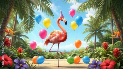 Cheerful flamingo celebrating with balloons and tropical flora in lush palm forest