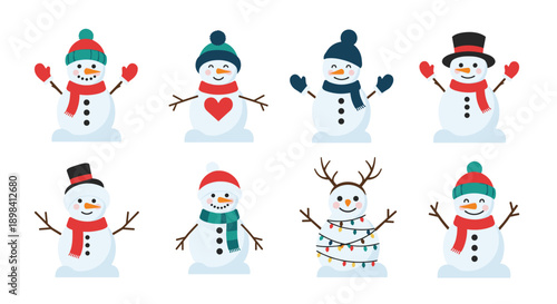 Collection of cute snowman characters wearing various winter accessories like hats, scarves, and mittens for holiday season greeting card design.