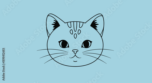 Simple black line art illustration of a cute cat head with whiskers and striped forehead markings on a solid light blue background for design.