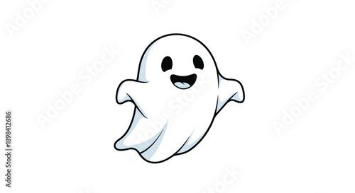 Friendly cartoon ghost character with a happy smiling face and open arms floating on a plain white background for Halloween themed decorations.