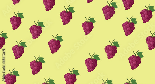 Seamless pattern of juicy purple grape clusters with green leaves on a bright yellow background for food, health, and summer harvest themes.