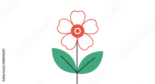 Simple flat illustration of a single white flower with a red center and two green leaves on a thin stem isolated on a plain white background.