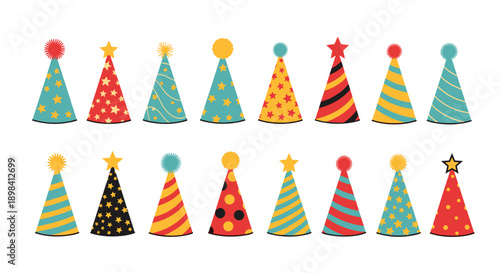 Wide variety of colorful party hats with different patterns like stars, stripes, and polka dots arranged in rows for birthday celebration decor.