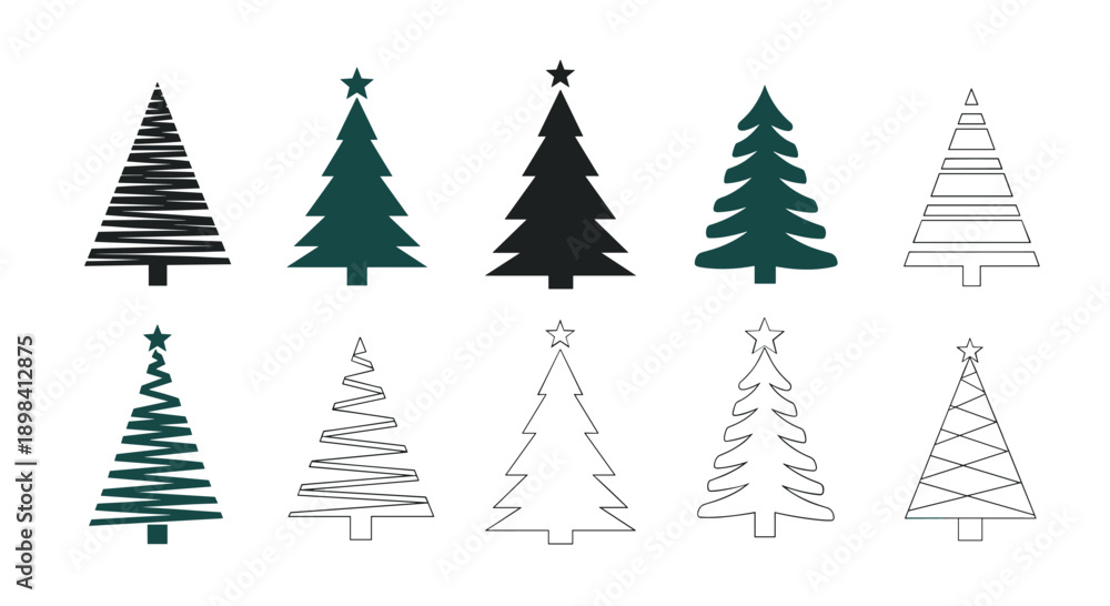 Fototapeta premium Collection of different stylized evergreen tree icons in various artistic styles and dark green colors on white background.
