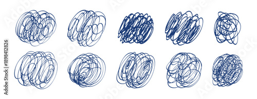 Blue pen lines set collection doodle hand drawn icon. Outline drawing messy line clipart symbol.