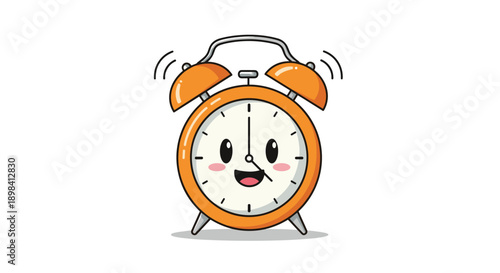 Cheerful cartoon alarm clock character with a ringing bell, smiling face, and pink cheeks on a plain white background for morning themes.