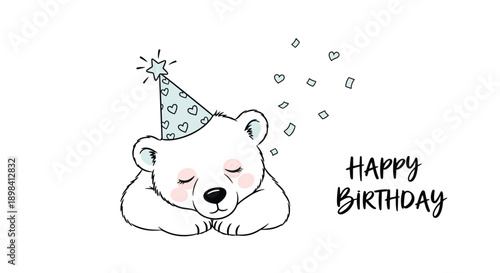 Sweet sleeping polar bear wearing a heart patterned party hat with Happy Birthday text and confetti on a clean white background for kids.